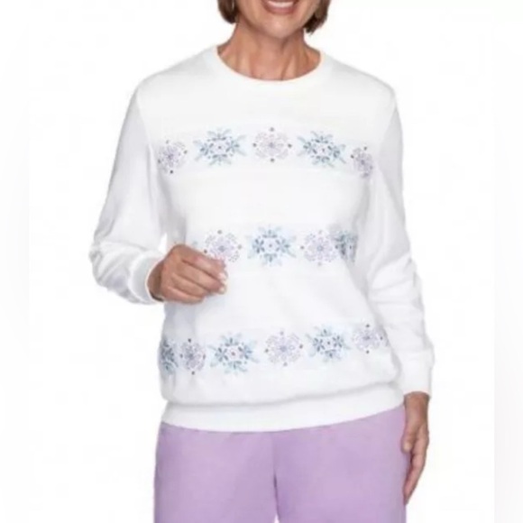 Alfred Dunner Long Sleeve Spliced Biadere White Embroidered Flowers Small Medium - Picture 1 of 12